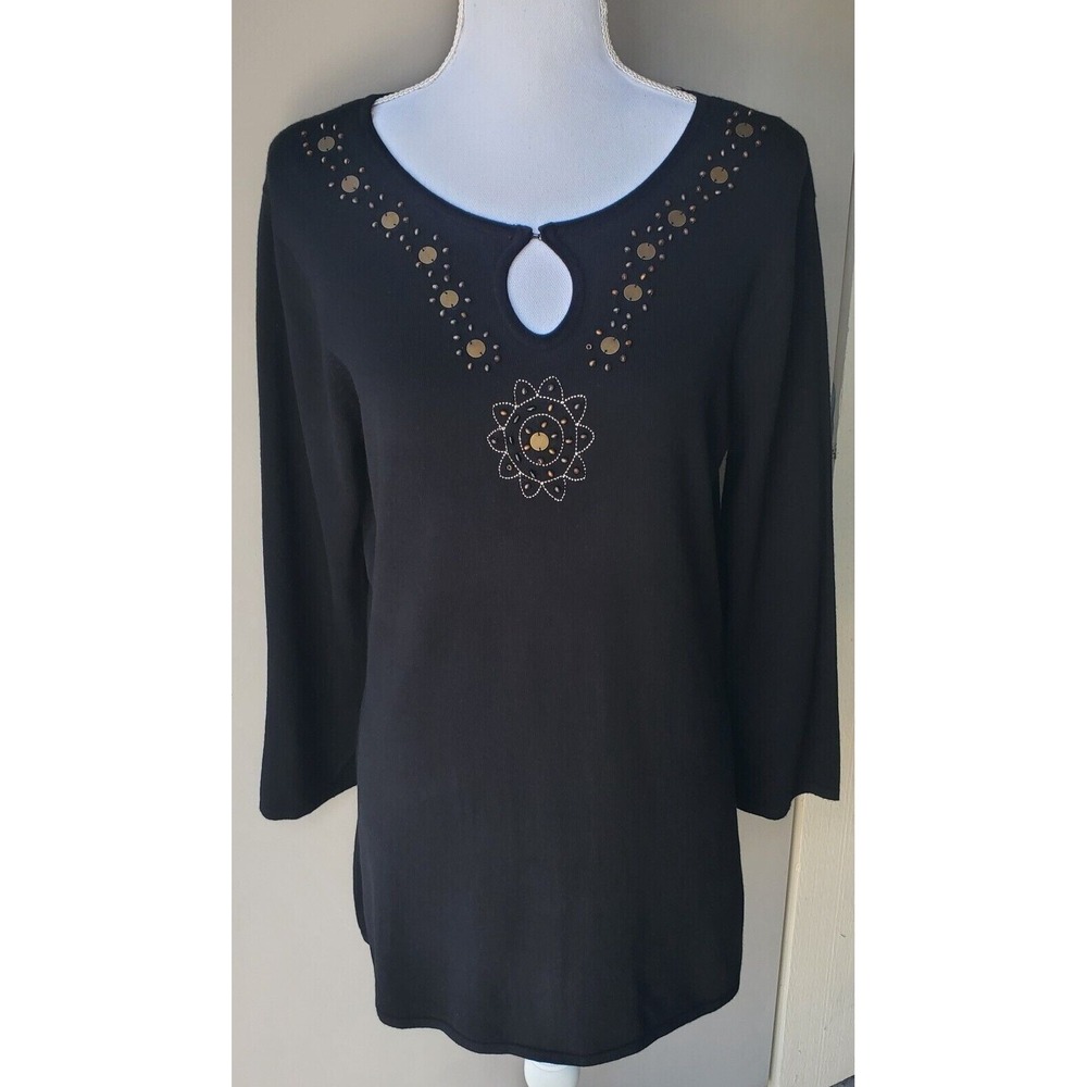 West End Top Womens Medium‎ Black Tan Floral Beaded Southwestern Boho Lagenlook